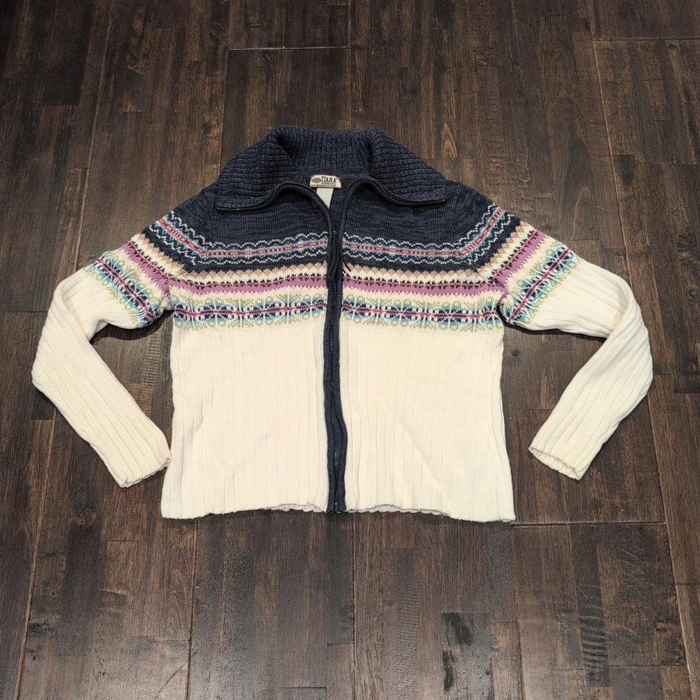 Tiara International‎ Fair Isle Cardigan Sweater Womens Large Full Zip Blue Knit